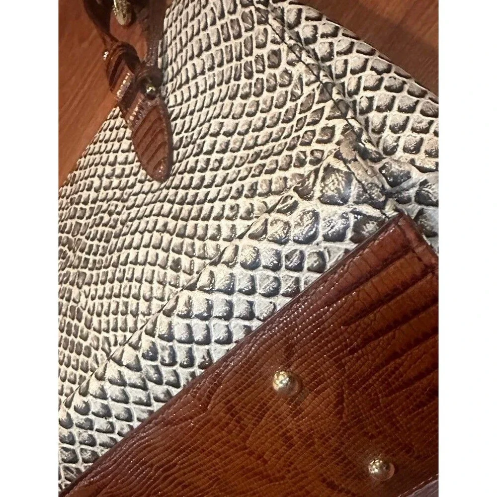 Brahmin Large Asher Tote Snake Embossed Leather Shoulder Bag Brown Ivory Purse